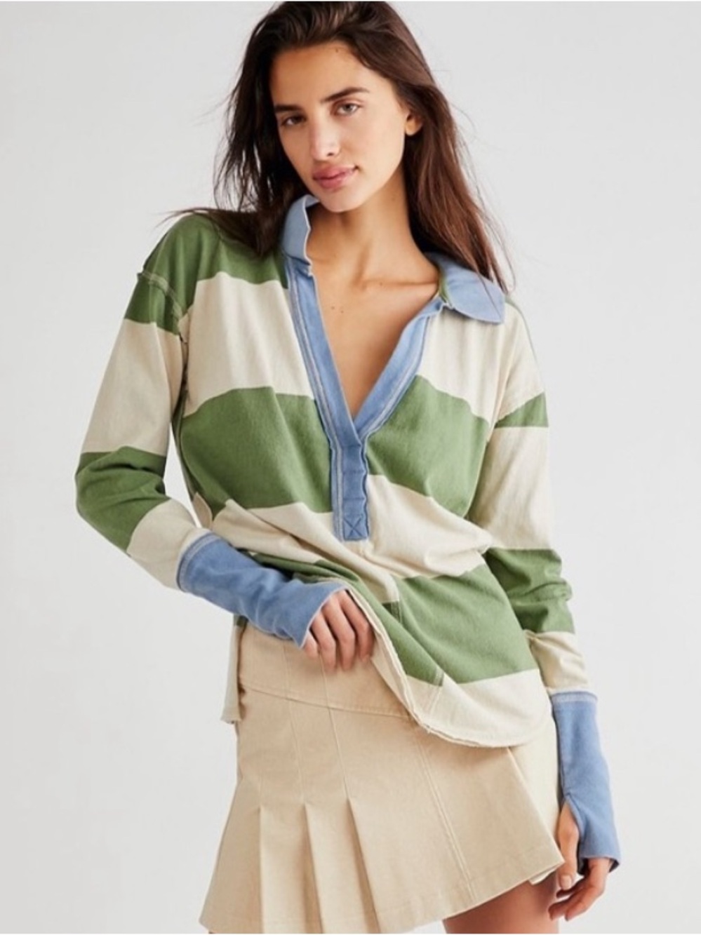 NWT We The Free People Green Striped Rugby Top Long Sleeve Thumbhole Size Medium